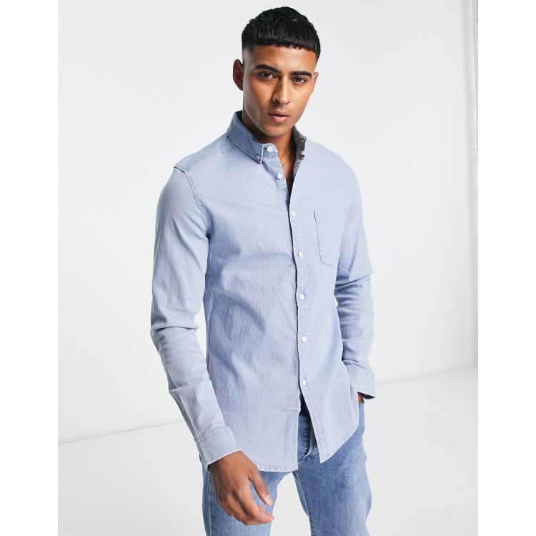 ASOS DESIGN stretch slim denim shirt in light wash blue ASOS