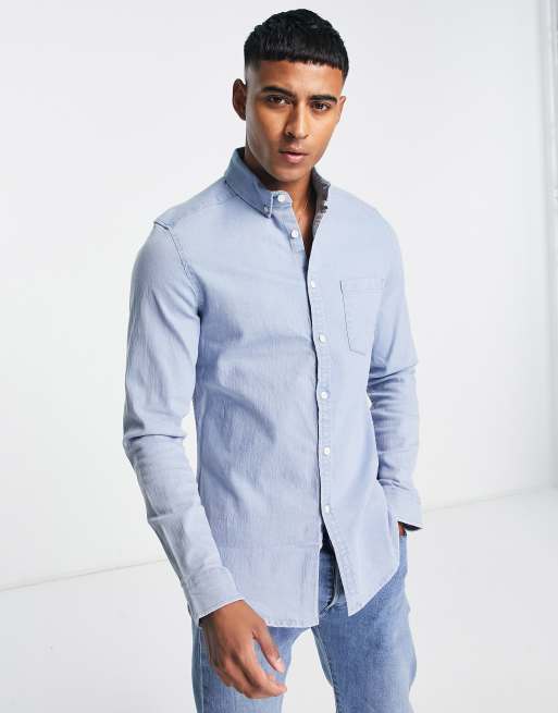 Men's Comfort Stretch Chambray Shirt, Long-Sleeve, Slightly Fitted Untucked  Fit