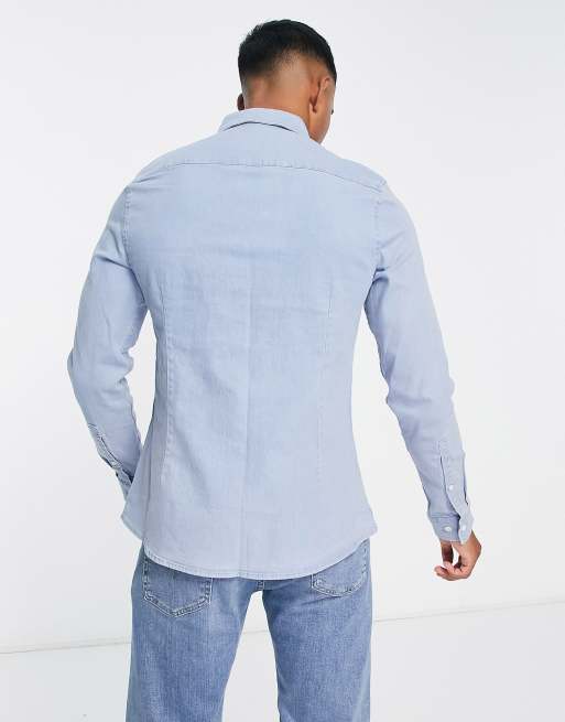 ASOS Design Skinny Denim Short Sleeve Shirt in Light Blue Wash