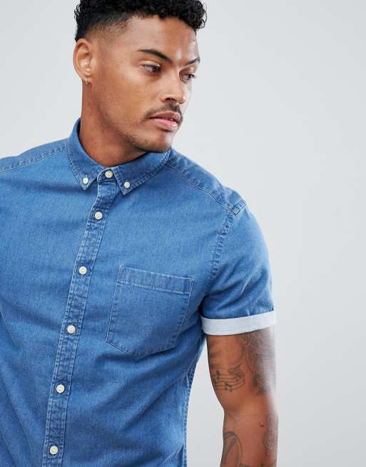 ASOS DESIGN stretch slim denim shirt in mid wash