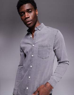 ASOS DESIGN stretch slim denim shirt in washed black-Gray