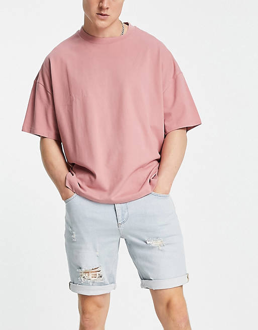Men stretch slim denim shorts in light wash with rips and abrasions 
