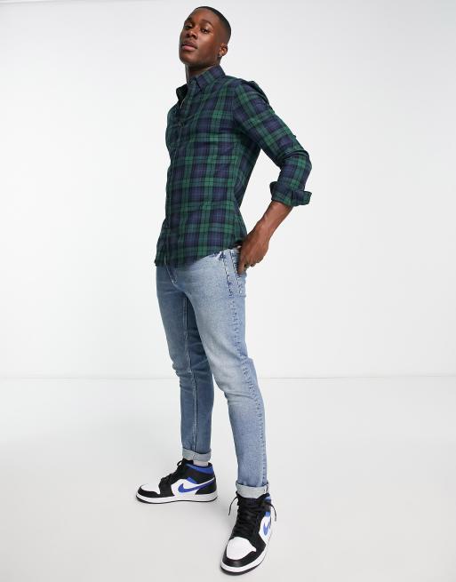 ASOS DESIGN stretch slim fit check shirt in green