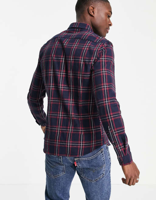 ASOS DESIGN stretch slim fit check shirt in navy | ASOS