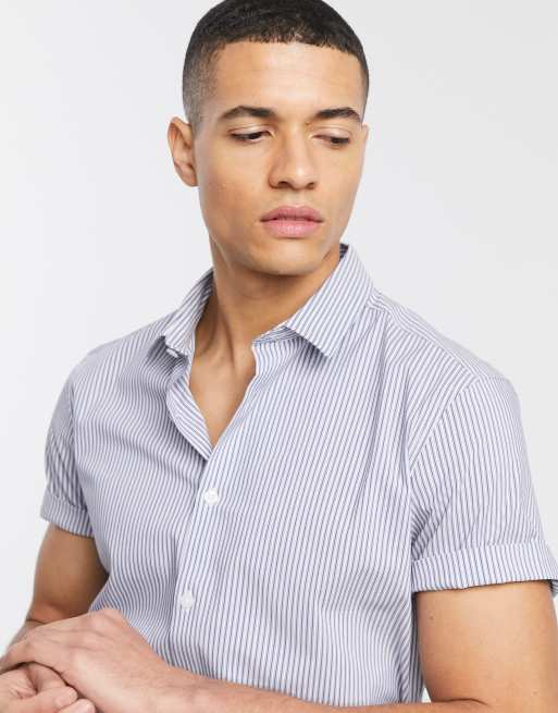 ASOS DESIGN stretch slim fit stripe work shirt in navy | ASOS