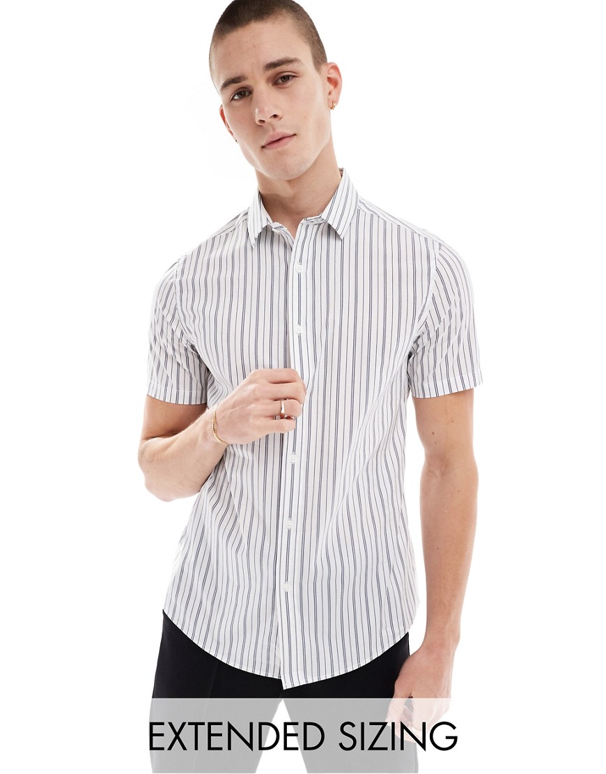 ASOS DESIGN stretch slim fit stripe work shirt with roll sleeves in black and white