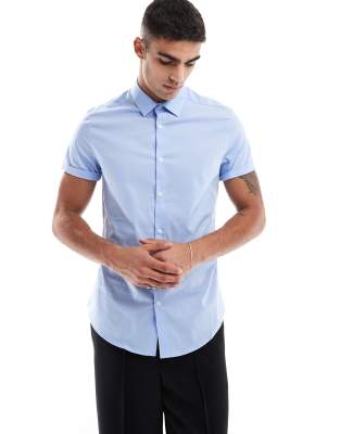 Asos Design Stretch Slim Fit Work Shirt In Blue