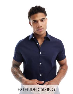 ASOS DESIGN stretch slim fit work shirt in navy | ASOS