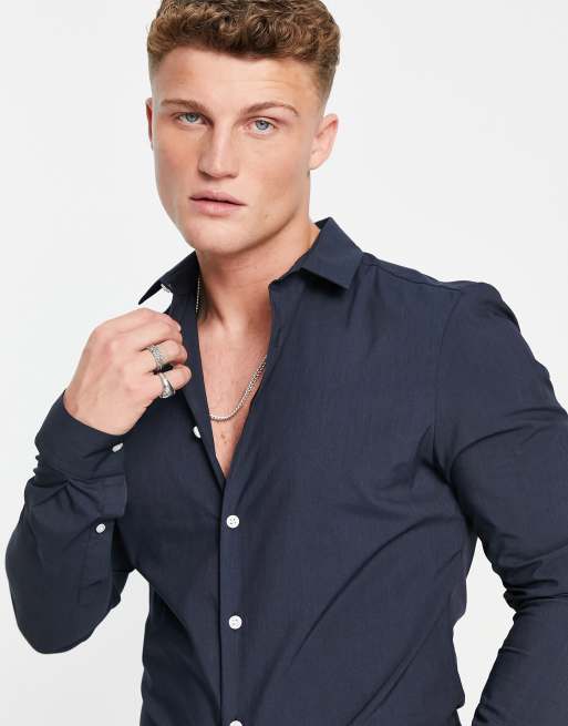 ASOS DESIGN stretch slim fit work shirt in navy | ASOS