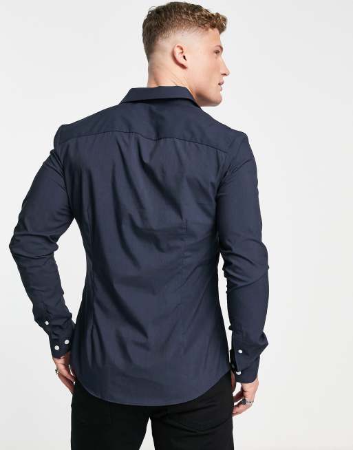 ASOS DESIGN stretch slim fit work shirt in navy | ASOS