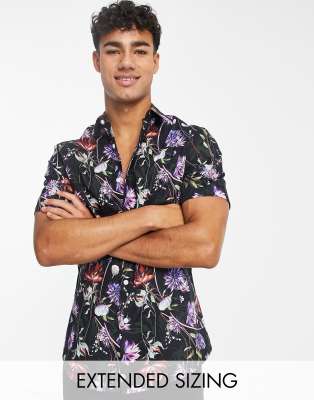 ASOS DESIGN stretch slim floral shirt in black