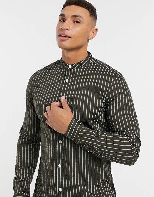 ASOS DESIGN stretch slim grandad shirt in khaki narrow stripe
