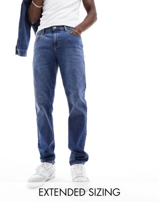 Asos Design Elastic Waist Jeans With Toggles In Mid Wash Blue In Blue