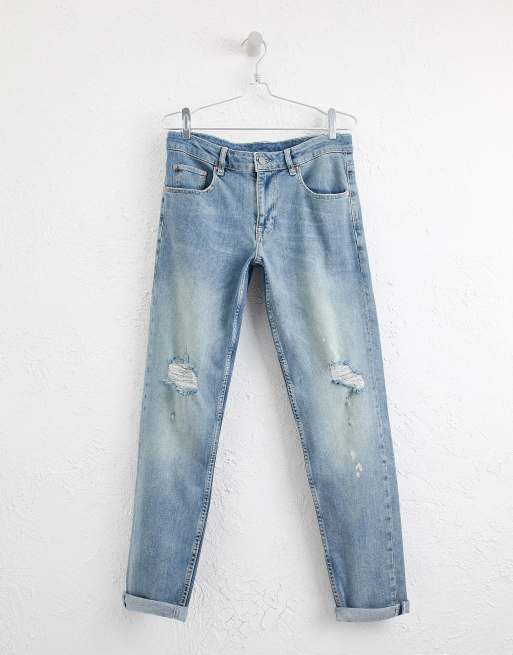 ASOS DESIGN stretch slim jeans in mid wash blue with rips, 3 of 4