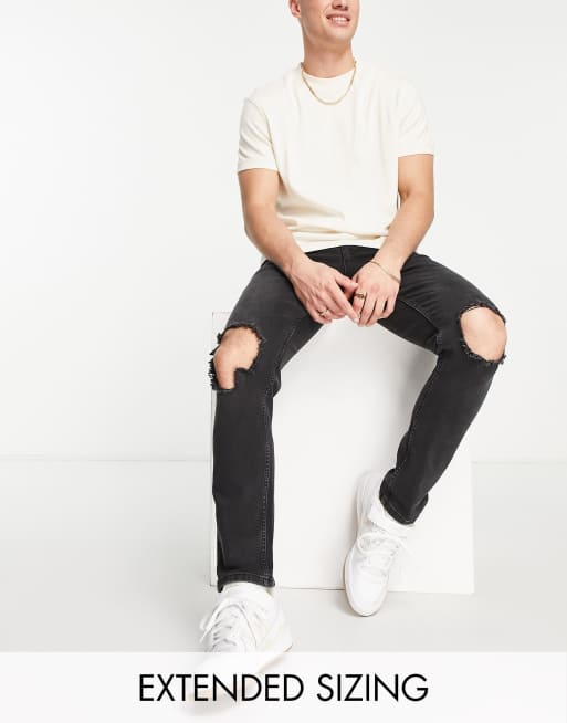 ASOS DESIGN stretch slim jeans in washed black with knee rips 