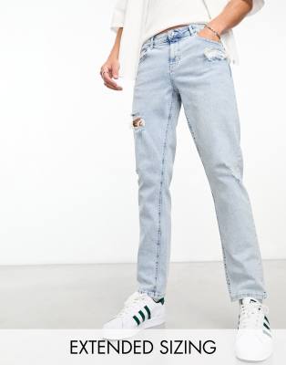 Asos Design Stretch Slim Jeans With Rips In Light Wash Blue