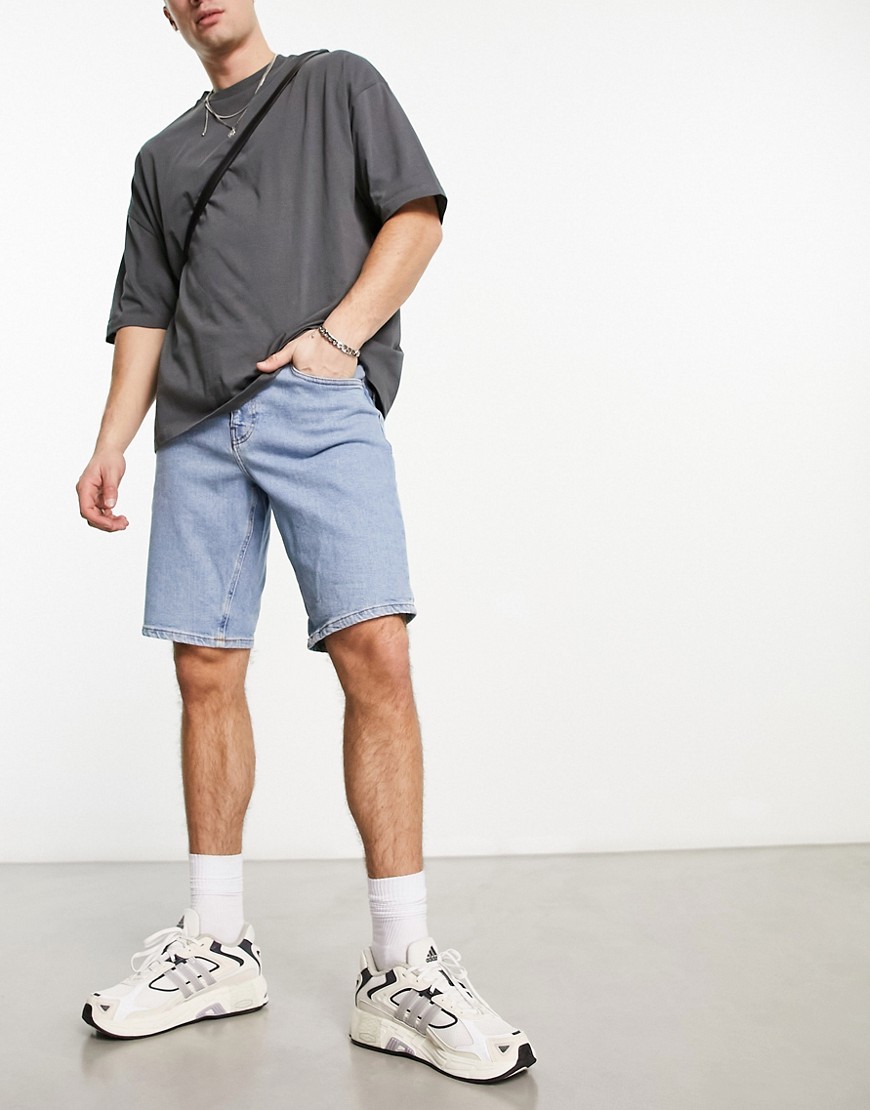 ASOS DESIGN stretch slim mid length denim shorts in light wash blue