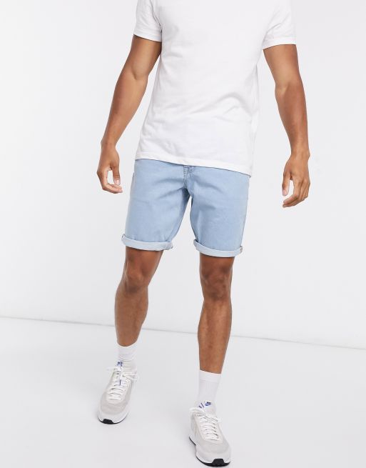 ASOS DESIGN stretch slim mid length denim shorts in light wash blue | ASOS