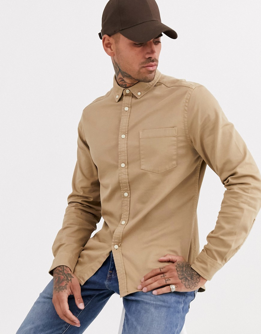 ASOS DESIGN stretch slim organic denim shirt in sand-Beige