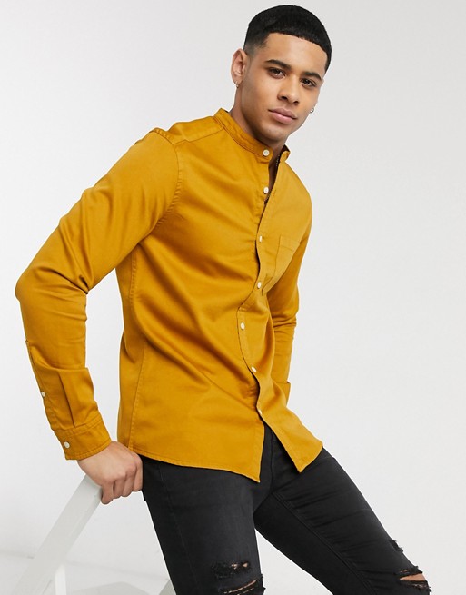ASOS DESIGN stretch slim organic denim shirt with grandad collar in mustard