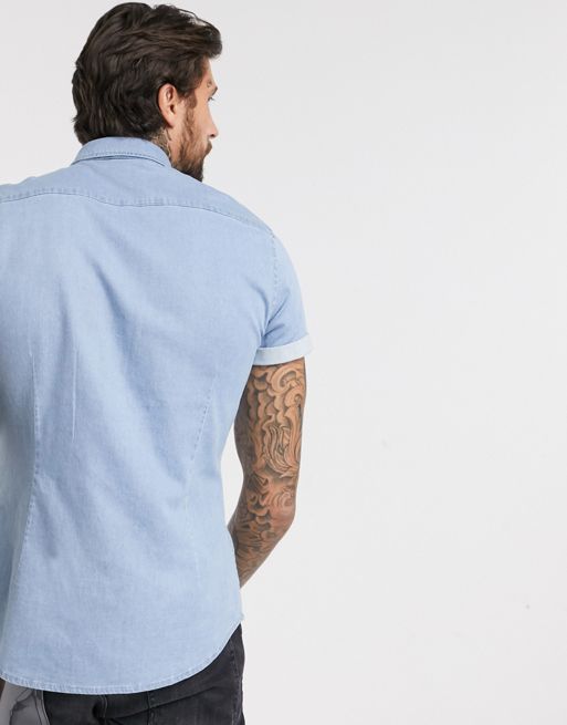 ASOS Design Skinny Denim Short Sleeve Shirt in Light Blue Wash