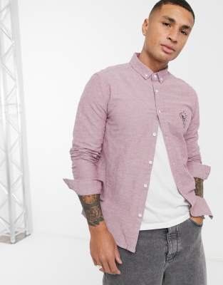 ASOS DESIGN stretch slim oxford shirt with embroidery chest logo in red