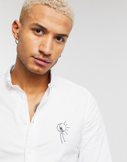 ASOS DESIGN stretch slim oxford shirt with embroidery chest logo in white