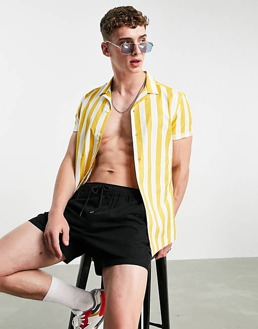 ASOS DESIGN stretch slim oxford stripe revere shirt in yellow & white