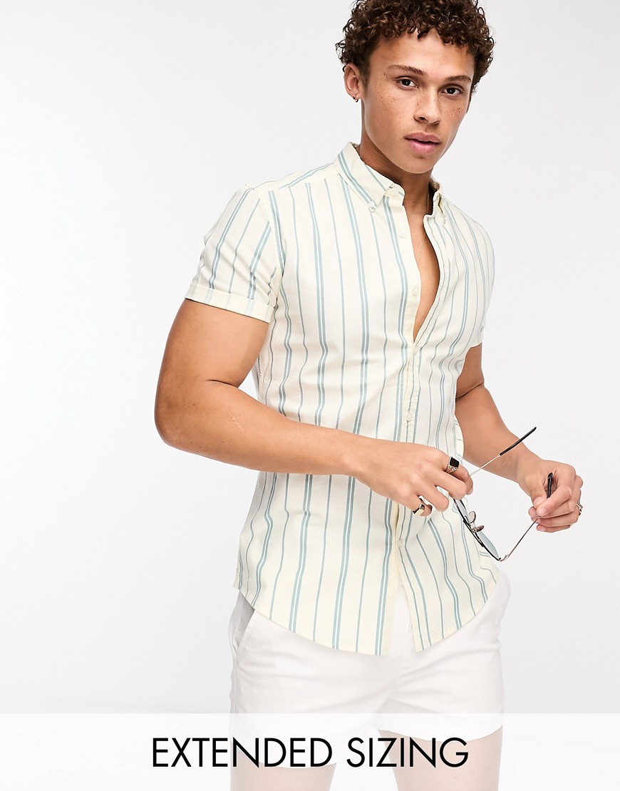 ASOS DESIGN stretch slim oxford stripe shirt in blue-White