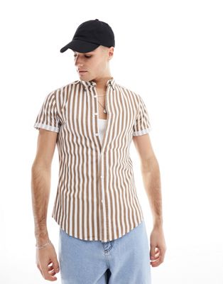 Asos Design Stretch Slim Oxford Stripe Shirt In Brown