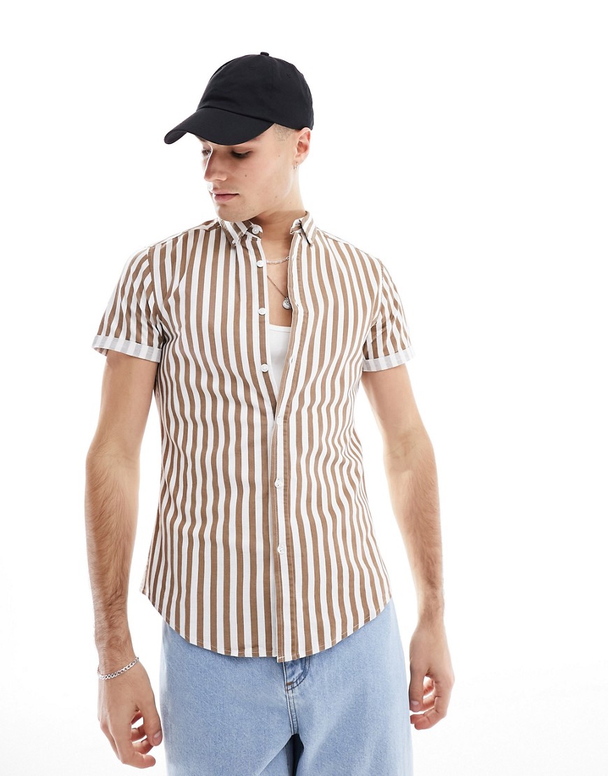 ASOS DESIGN stretch slim oxford stripe shirt in brown