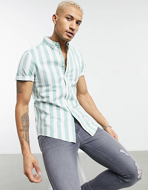 Essentials Mens Slim-Fit Stripe Long-Sleeve Pocket Pattern Oxford Shirt