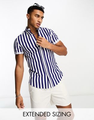 ASOS DESIGN stretch slim oxford stripe shirt in navy in cotton blend  - ASOS Price Checker