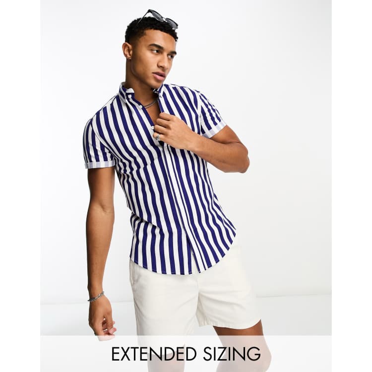 ASOS DESIGN stretch slim oxford stripe shirt in navy