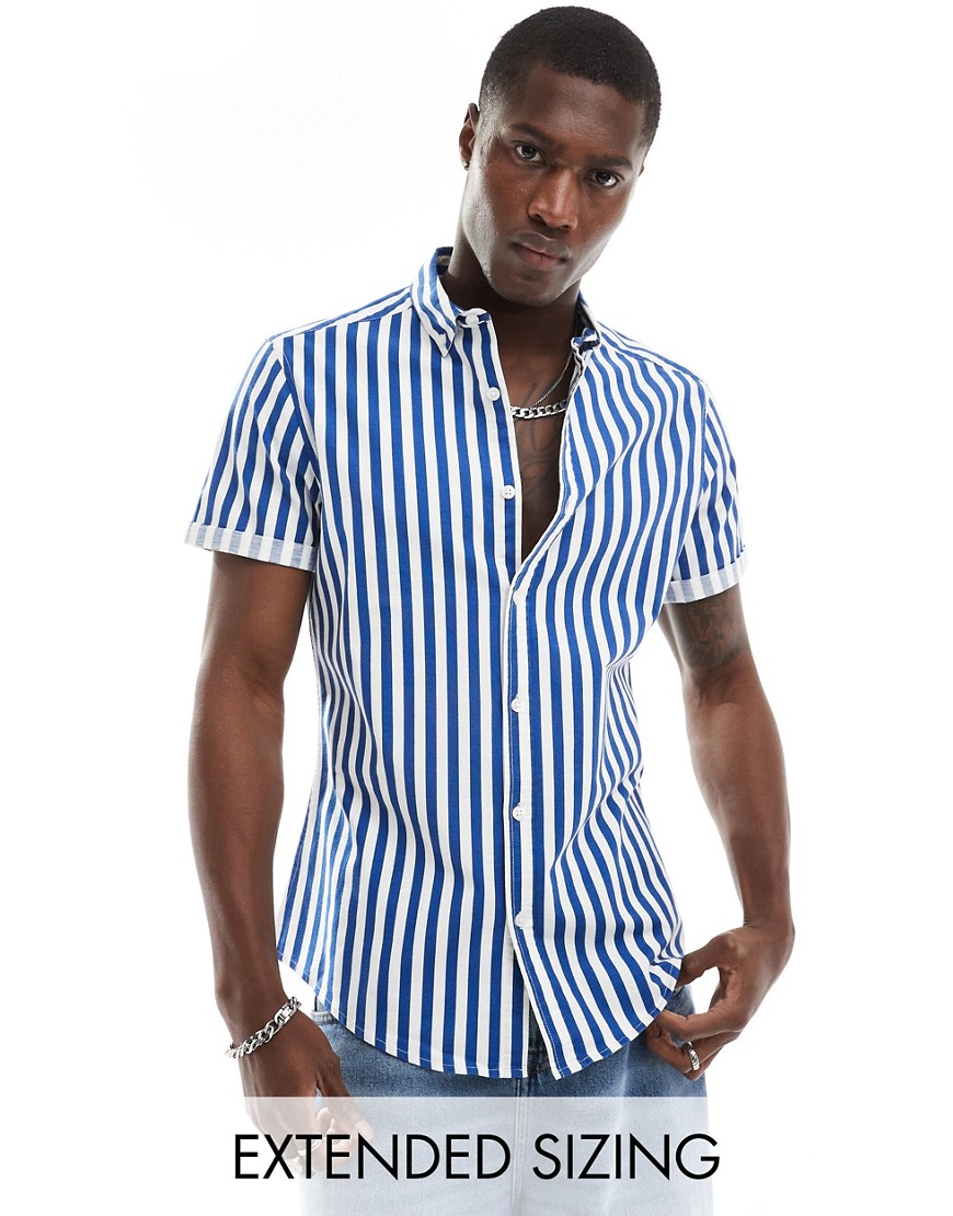ASOS DESIGN stretch slim oxford stripe shirt in navy-Blue