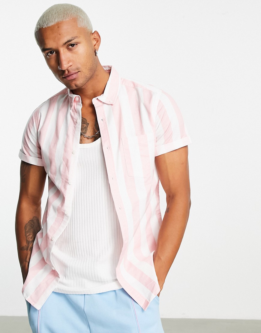 ASOS DESIGN stretch slim oxford stripe shirt in pink