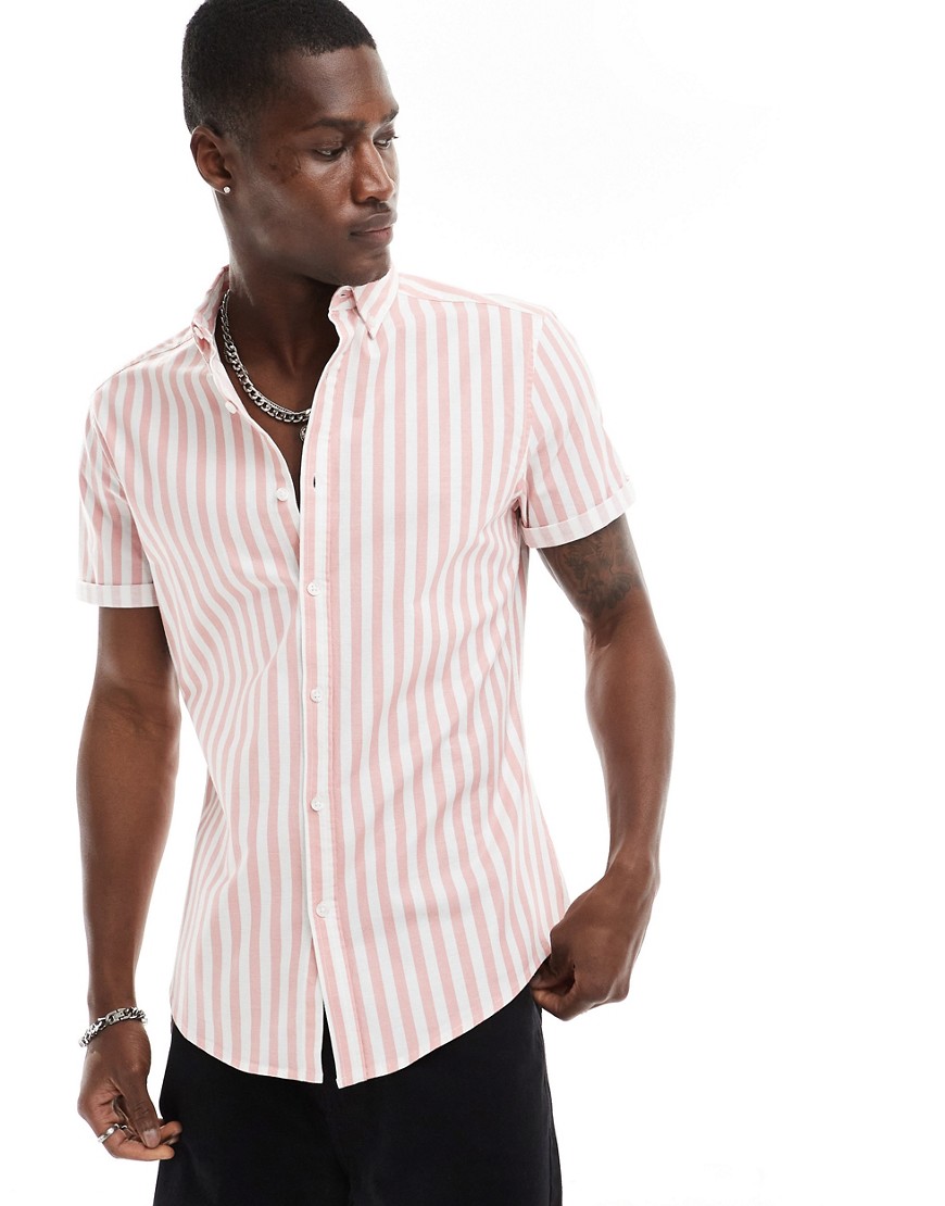 Asos Design Stretch Slim Oxford Stripe Shirt In Pink In Black