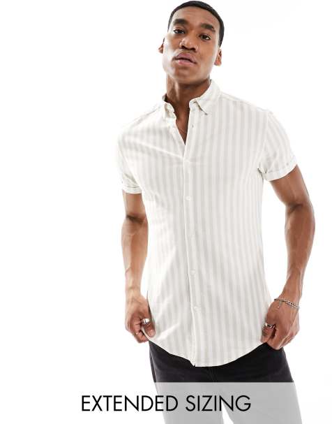 ASOS DESIGN stretch slim oxford stripe shirt in stone - view 1