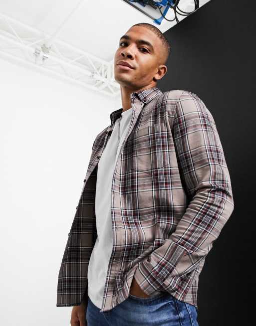 ASOS DESIGN stretch slim plaid shirt in stone and black