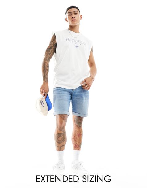 ASOS DESIGN stretch slim regular length denim short in vintage light wash blue - view 1
