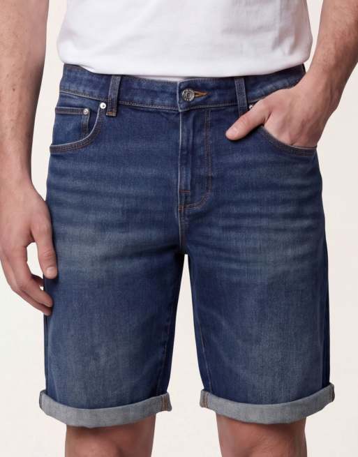 ASOS DESIGN stretch slim regular length denim shorts in dark wash blue, 4 of 5