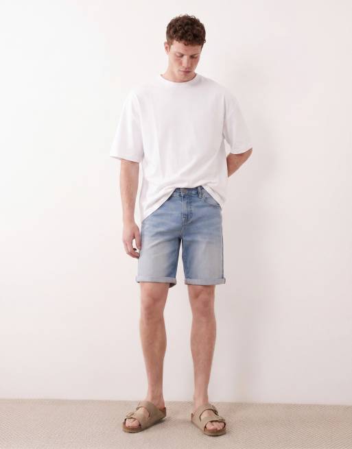 ASOS DESIGN stretch slim regular length denim shorts in light wash blue, 2 of 5