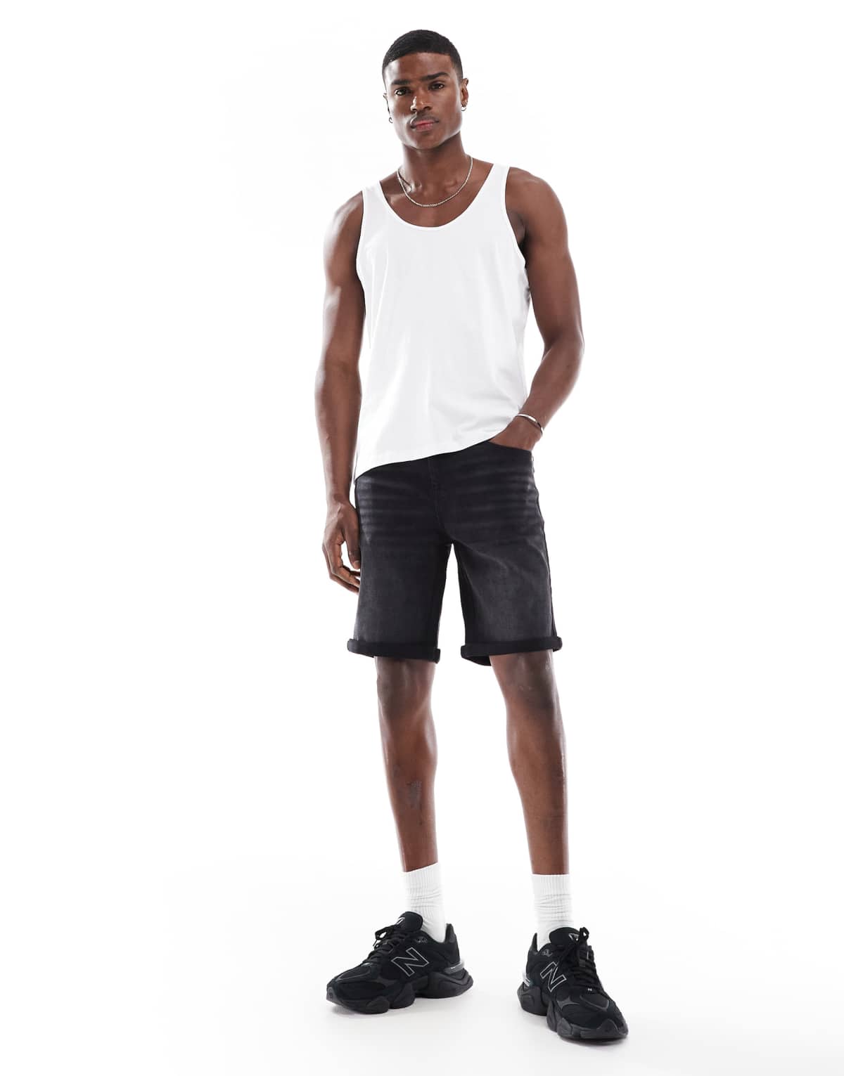 ASOS DESIGN stretch slim regular length denim shorts in washed black