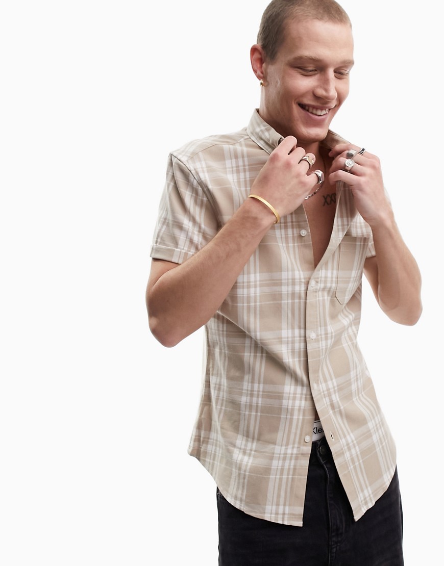 ASOS DESIGN stretch slim shirt in beige check-Neutral