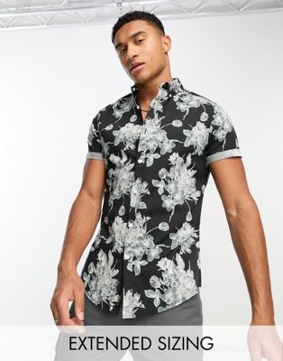 Asos Design Stretch Slim Shirt In Black And Gray Floral Print