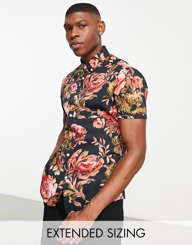 ASOS DESIGN stretch slim shirt in black and red floral print
