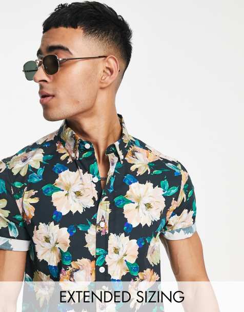 ASOS DESIGN stretch slim shirt in black floral print - view 1