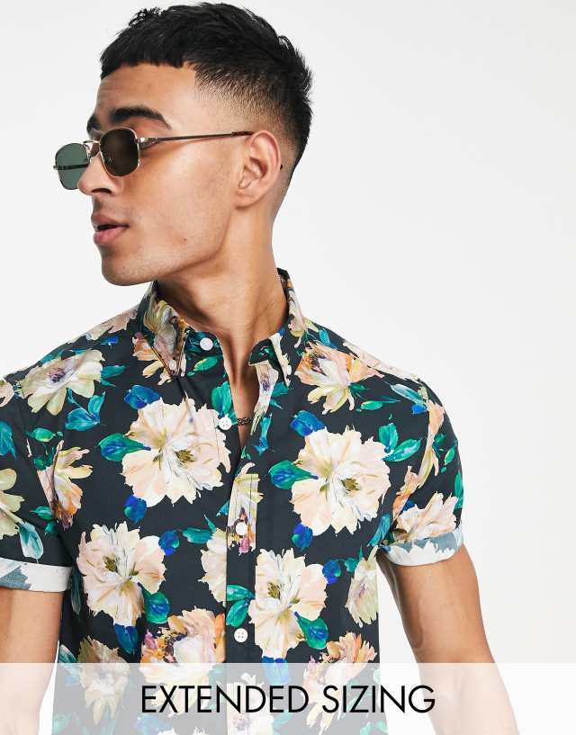 ASOS DESIGN stretch slim shirt in black floral print