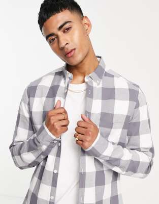 ASOS DESIGN stretch slim shirt in grey buffalo check