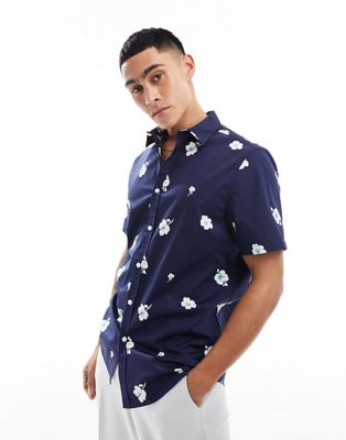 ASOS DESIGN stretch slim shirt in navy floral print